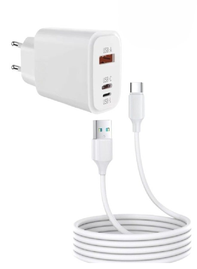 50W Ultra Fast Charger with 3 Ports (USB-A + USB-C + USB-L) with Type-C Charging and Data Cable Compatible with All Smartphones - White - Image 1