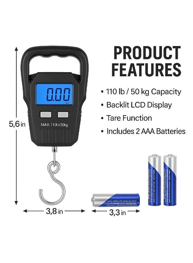 ميزان تعليق رقمي للأمتعة 50 كجم – ميزان سفر محمول بشاشة LCD مضيئة – دقة عالية – لون أسود – جينيريك - Image 2