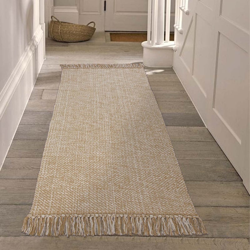 Collive Hallway Runner Rug 2 x 5 Soft Washable Tan Contemporary Modern Laundry Room Indoor HandWoven Cotton Carpet for Bedroom Entryway Front Door Farmhouse Kitchen