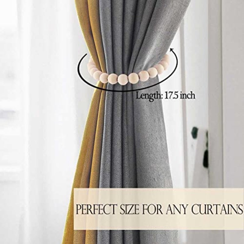 2 Pack Natural Boho Beaded Magnetic Curtain Tiebacks, Wood Bead Curtain Holdbacks, Farmhouse Drape Tie Backs for Baby Nursery/Living Room/Home Decor - Image 5