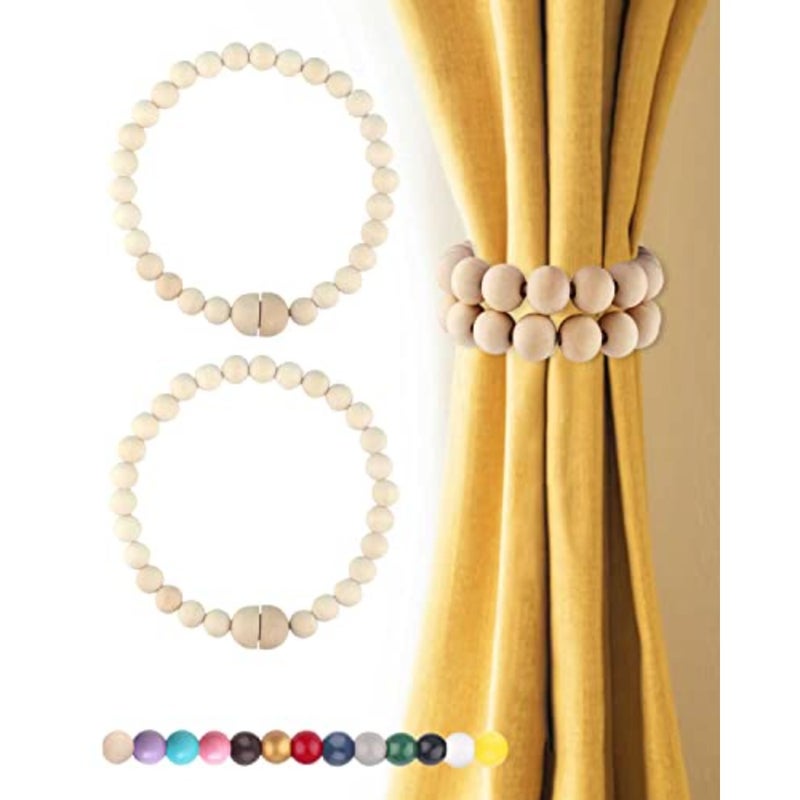 2 Pack Natural Boho Beaded Magnetic Curtain Tiebacks, Wood Bead Curtain Holdbacks, Farmhouse Drape Tie Backs for Baby Nursery/Living Room/Home Decor - Image 1