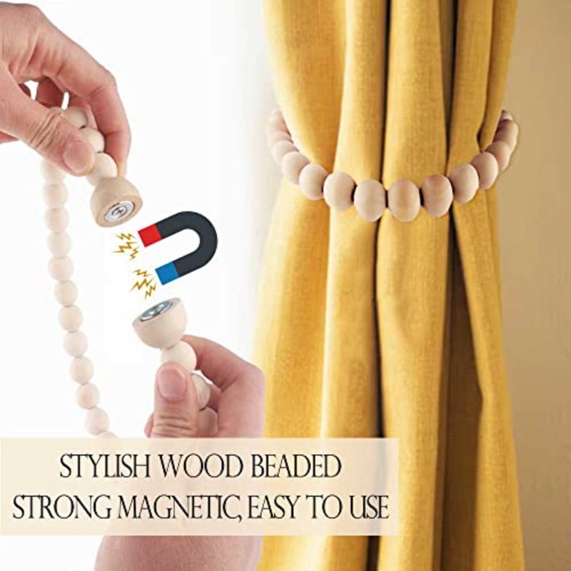 2 Pack Natural Boho Beaded Magnetic Curtain Tiebacks, Wood Bead Curtain Holdbacks, Farmhouse Drape Tie Backs for Baby Nursery/Living Room/Home Decor - Image 2