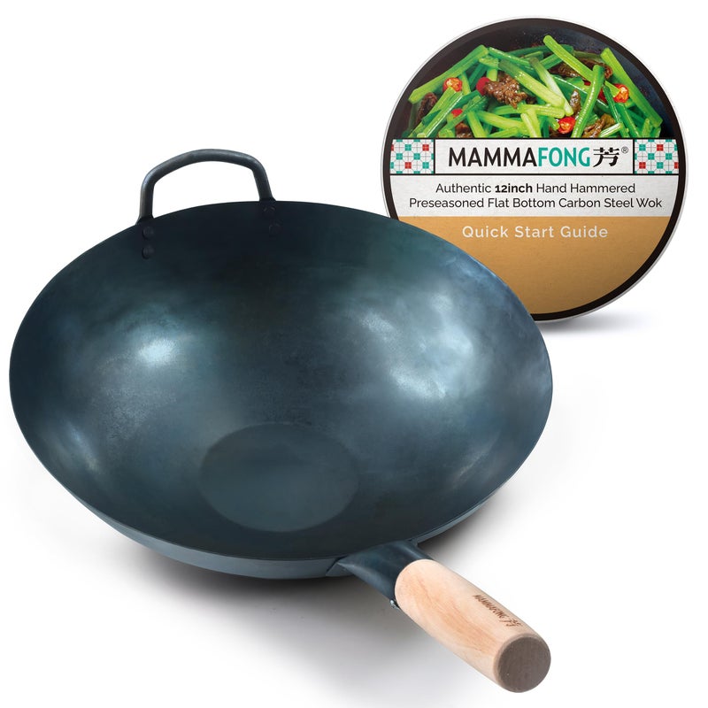 Mammafong مقلاة ماما فونغ من الصلب الكربوني مسبقة التتبيل بقاعدة مسطحة 12 بوصة