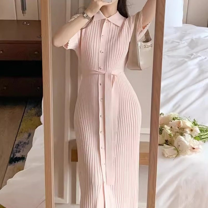 Korean Chic Summer Sweet and Elegant Style Lapel Single-Breasted Thin Ice Silk Short-Sleeved Knitted Dress Long Skirt for Women Pink [premium edition]