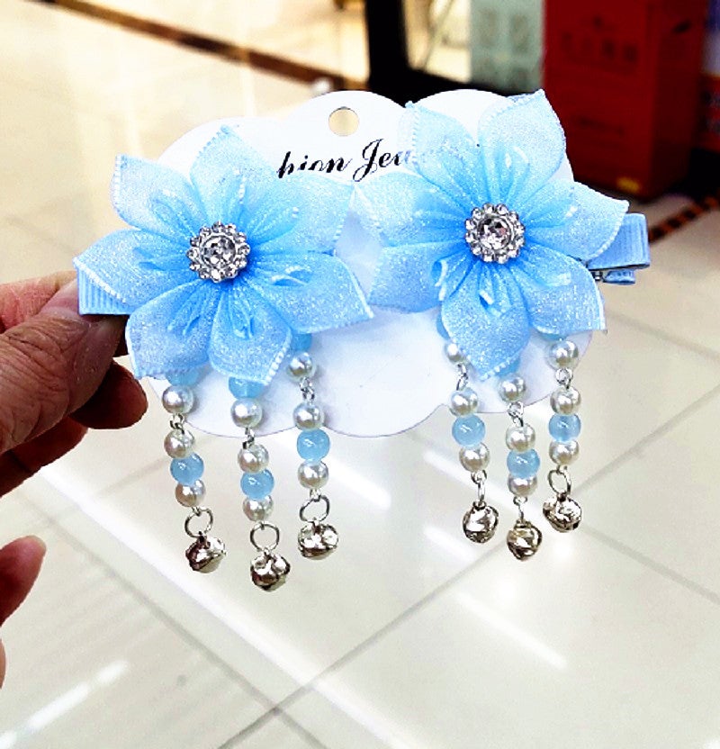 Generic Chinese Style Simple Flower Ribbon Bell Pendant Tassel Sweet Hair Accessories Headwear Cute Girl Antique Accessories Elegant-Bells Blue Pair