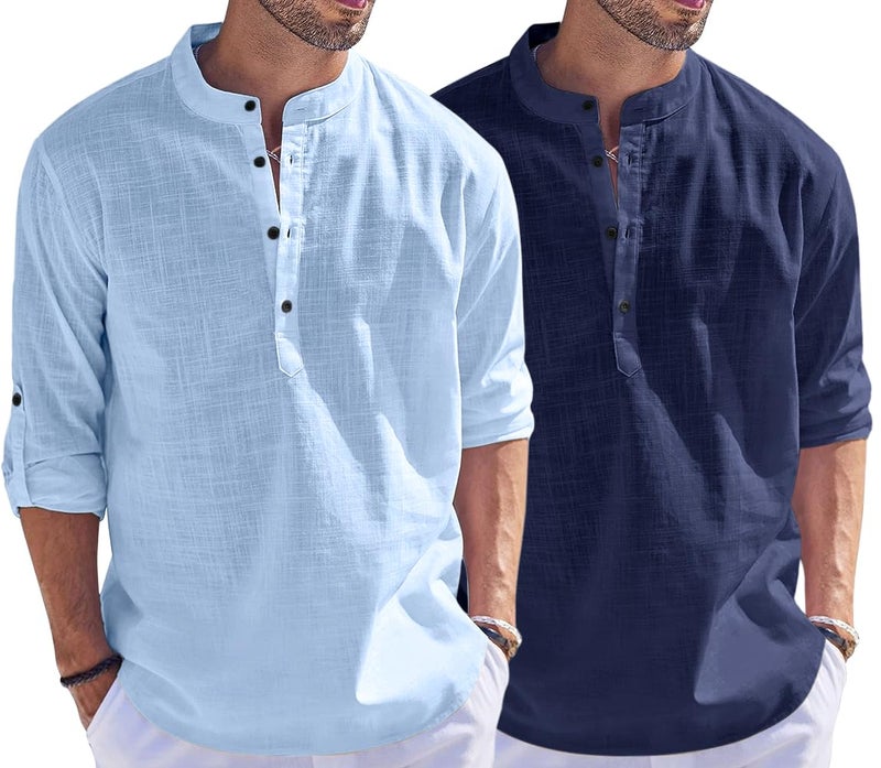 Bellstone Men's Cotton Blend Straight Kurta Shirt Combo with Mandarin Collar - Slim Fit Casual Short Kurti Set Featuring Textured Slub Fabric and Roll-Up Full Sleeves - Image 1