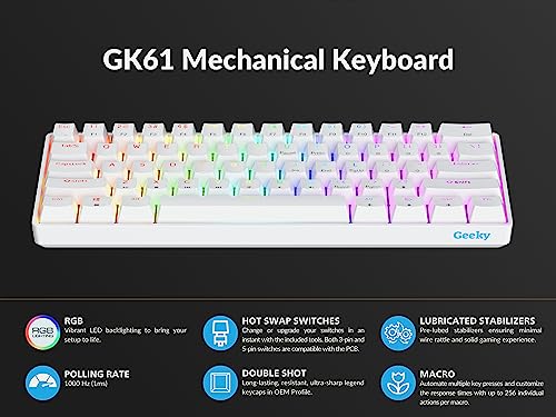 Geeky GK61 60% | Hot Swappable Mechanical Gaming Keyboard | 61 Keys Multi Color RGB LED Backlit for PC/Mac Gamer | ANSI US American Layout (White, Mechanical Speed Yellow) - Image 5