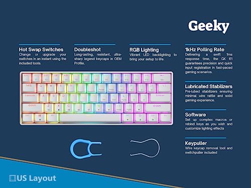 Geeky GK61 60% | Hot Swappable Mechanical Gaming Keyboard | 61 Keys Multi Color RGB LED Backlit for PC/Mac Gamer | ANSI US American Layout (White, Mechanical Speed Yellow) - Image 2