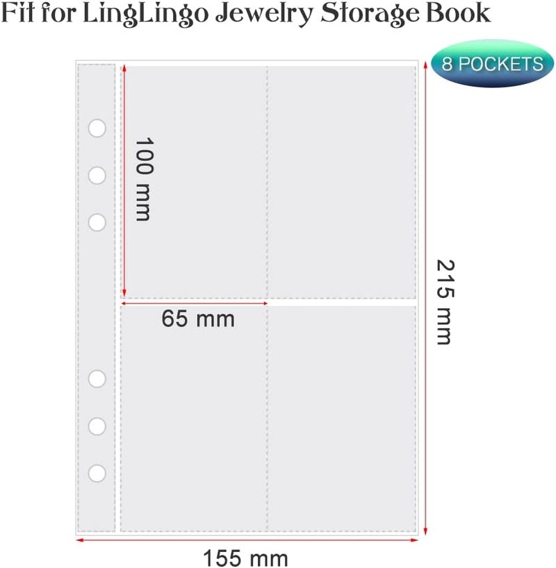 LingLingo Clear Double-Sided Refill Inner Pages for Transparent Jewelry Storage Book 6 Ring Binder, 20 Sheets 160 Pockets - Image 2