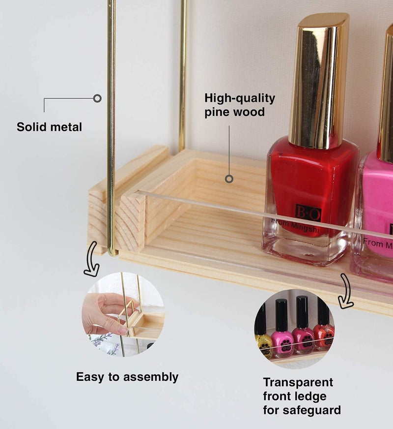 J JACKCUBE DESIGN Wall Mount Gold Metal and Wood Nail Polish Display Shelves Rack Organizer Holds 60 Bottles (5 Tier) - MK543A - Image 5