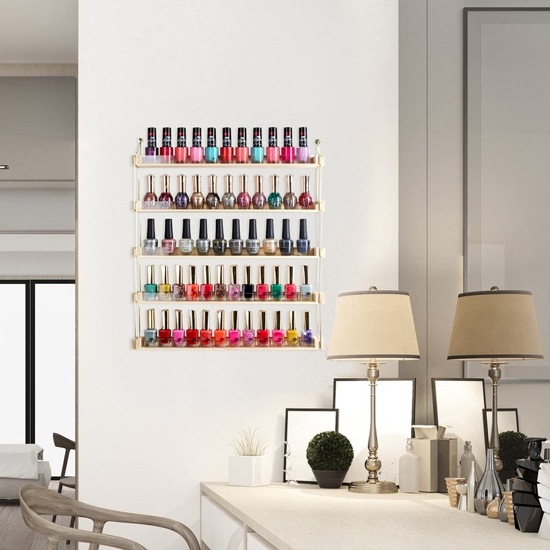 J JACKCUBE DESIGN Wall Mount Gold Metal and Wood Nail Polish Display Shelves Rack Organizer Holds 60 Bottles (5 Tier) - MK543A - Image 2