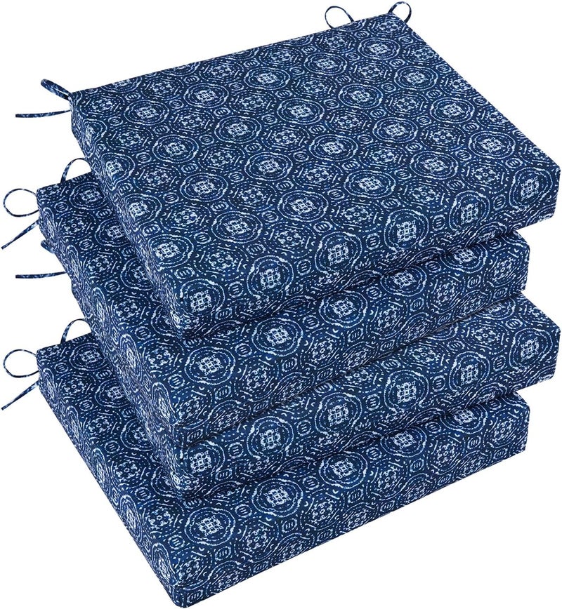 Basic Beyond Outdoor Chair Cushions for Patio Furniture, Waterproof Outdoor Cushions, Square Corner Patio Chair Cushions Set of 4 with Ties, 18.5"x16"x3", Blue Circles - Image 1