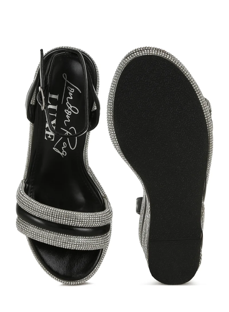 London Rag Rhinestone Studded Wedge Sandals in Black