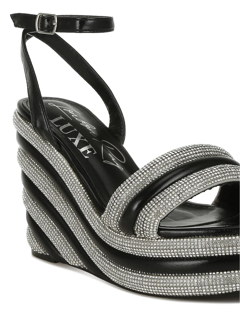 London Rag Rhinestone Studded Wedge Sandals in Black