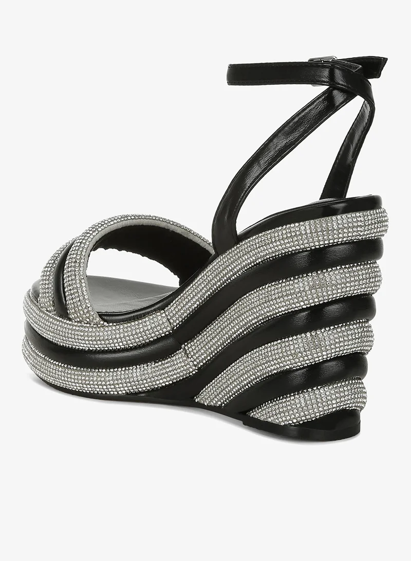 London Rag Black Rhinestone Studded Wedge Sandals in Black for Women | Best Price UAE