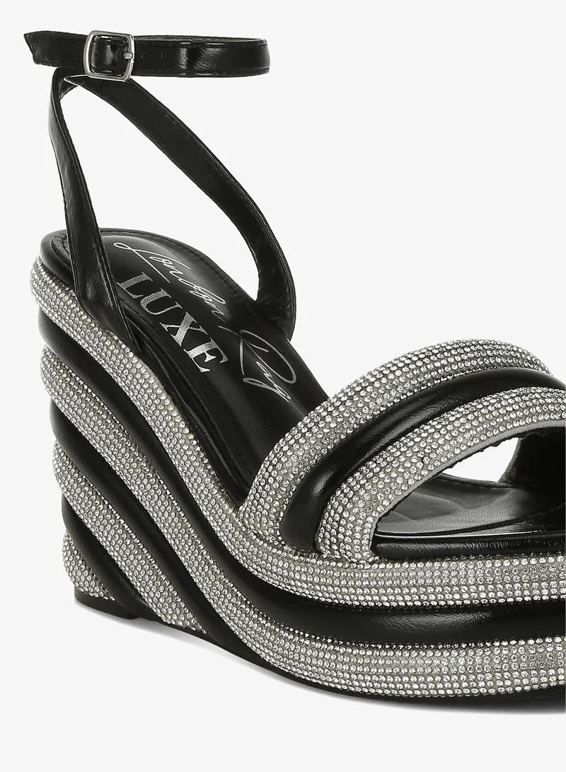 London Rag Black Rhinestone Studded Wedge Sandals in Black for Women | Best Price UAE
