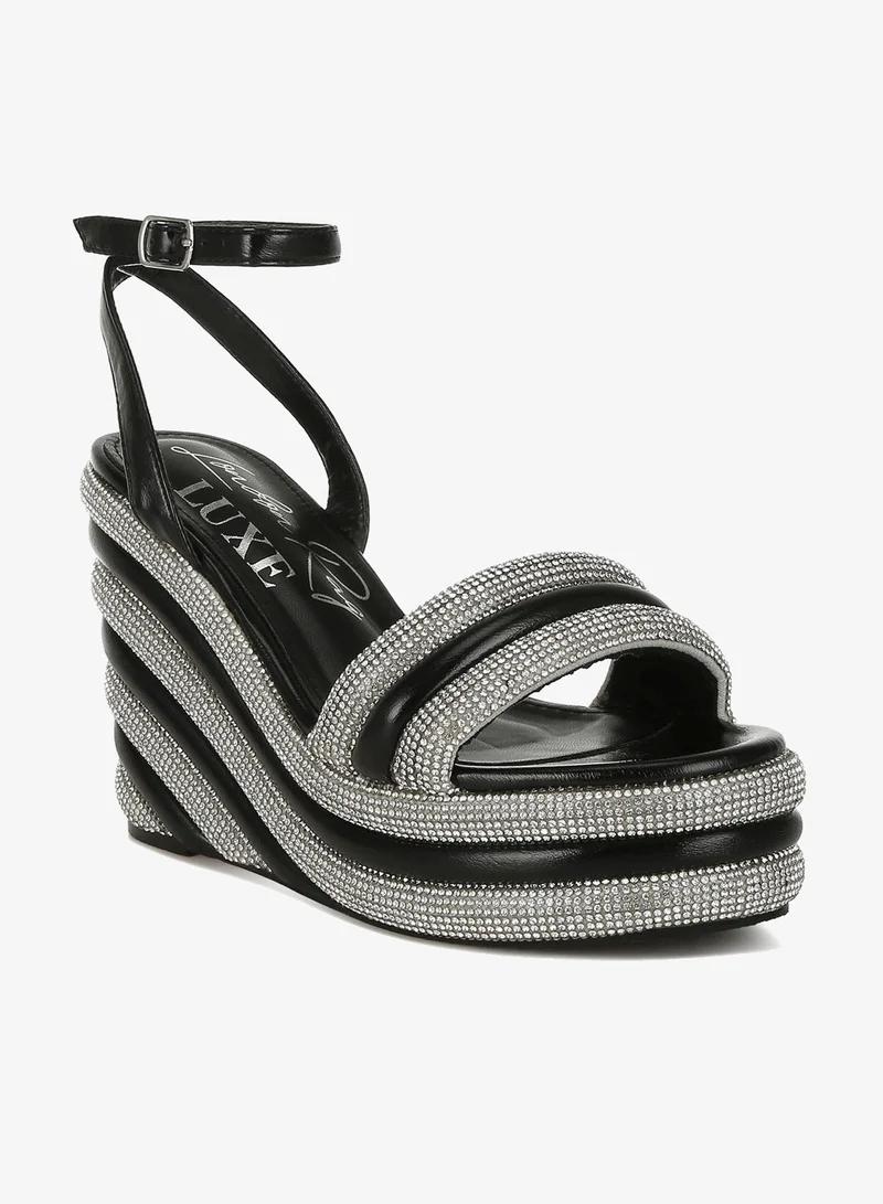 London Rag Rhinestone Studded Wedge Sandals in Black