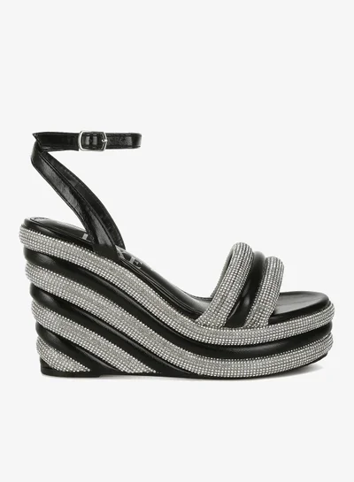 London Rag Rhinestone Studded Wedge Sandals in Black