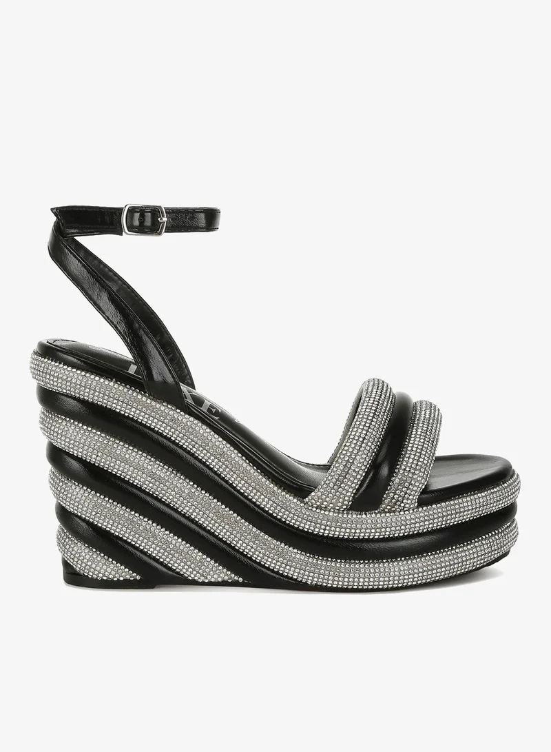 Rhinestone Studded Wedge Sandals in Black