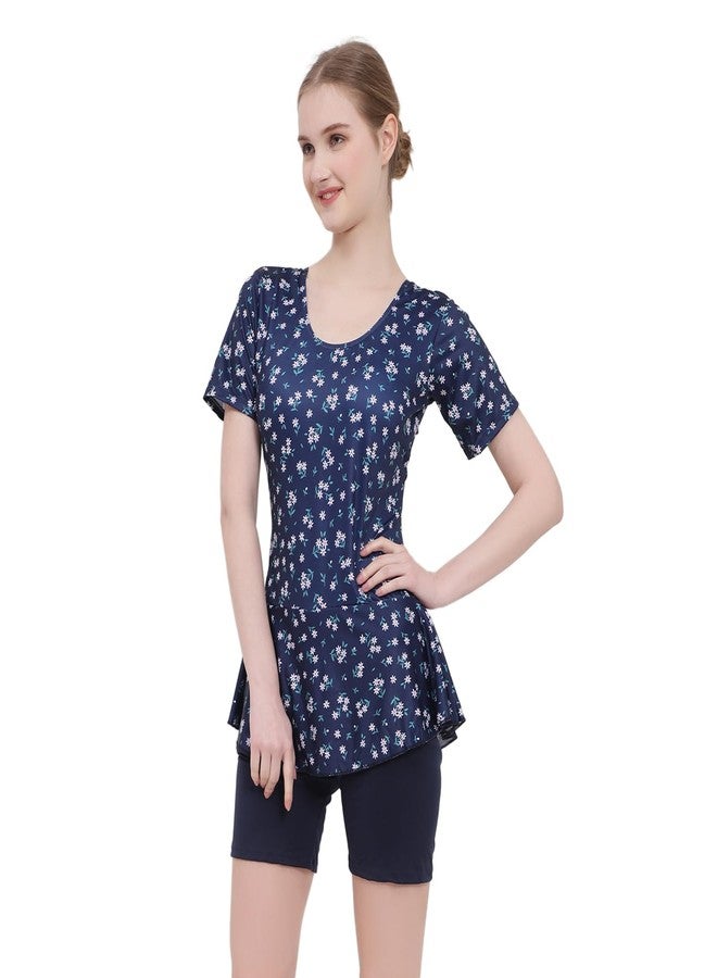 SHIFTER Flower Printed Swimming Costume for Women,One Piece Swim Suit for Ladies and Girls,Stretchable Fabric with Half Sleaves and Frock Style for Holidays, Beach and Pool,Swim Wear (3XL, BLUE-WHITE) - Image 3