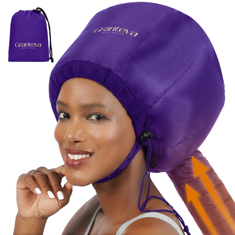 Granteva Bonnet Hair Dryer Attachment w/A Headband Integrated that Reduces Heat Around Ears & Neck - Diffuser Cap for Hair Dryer Curly Hair, Speeds Up Drying Time, Deep Conditioning at Home - Large (Purple) - Image 1