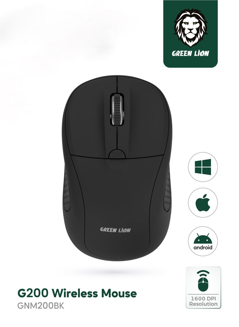 جرين ليون ماوس لاسلكي G200 بتردد 2.4 جيجاهرتز / دقة 1600 نقطة في البوصة / مستقبل USB Nano / نطاق تشغيل 10 أمتار - أسود - Image 1
