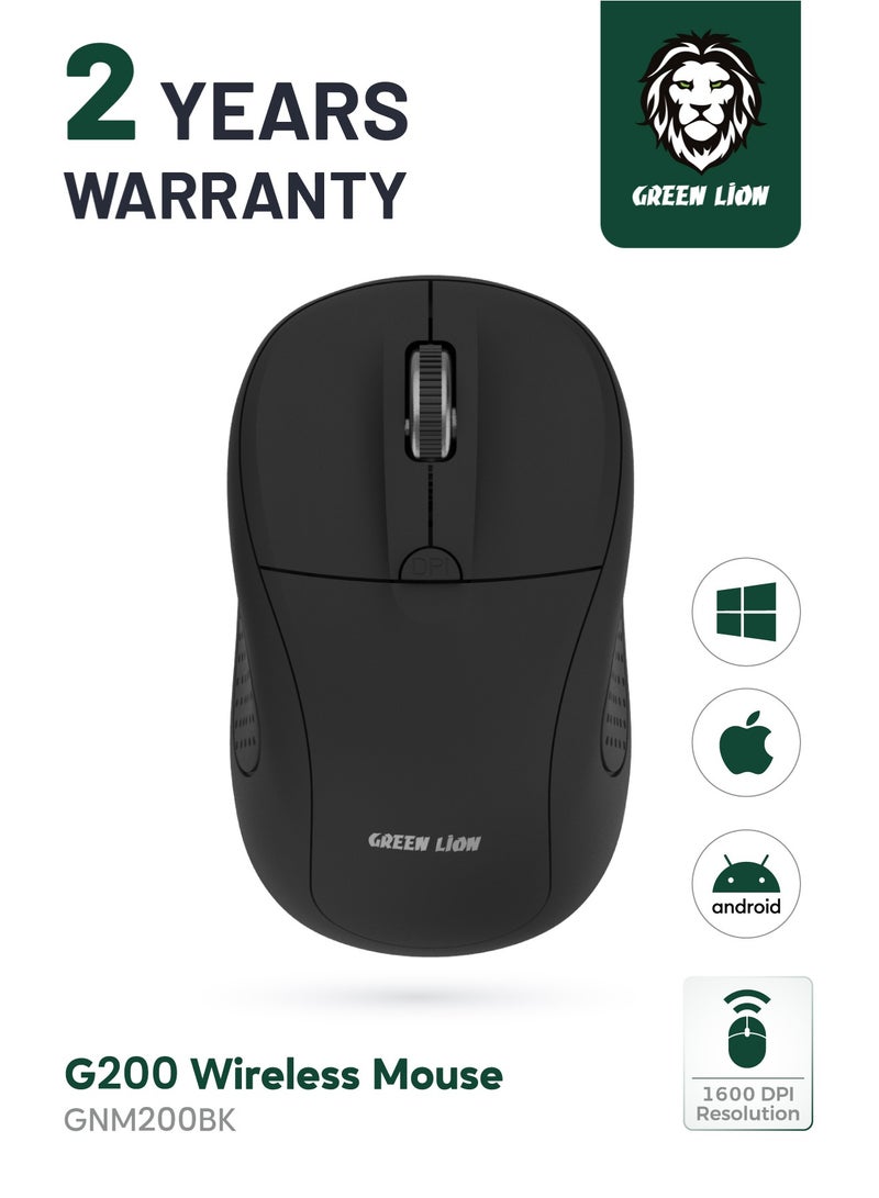 GREEN LION 2.4GHz Wireless Mouse G200 / 1600 DPI Resolution / USB Nano Receiver / 10 Meter Operating Range - Black - Image 1
