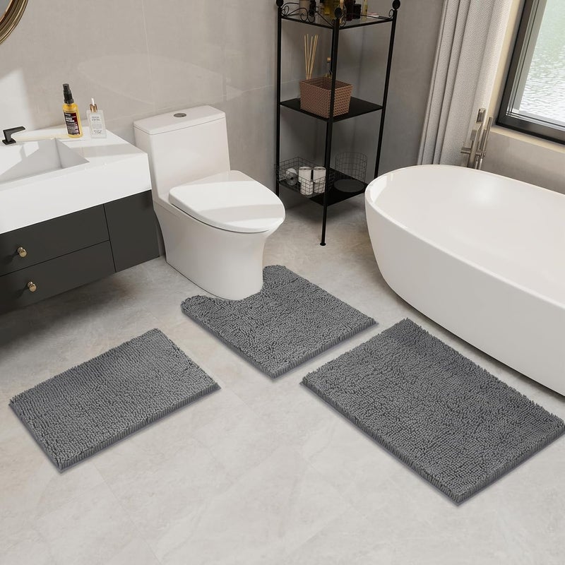 LINLA 3 Pieces Bathroom Rug Set, Absorbent Non Slip Chenille Bath mat, Thick Plush Chenille Carpet Mats Set,Washable Dry Quickly with U-Shaped Toilet Mat for Tub, Shower（Grey） - Image 2