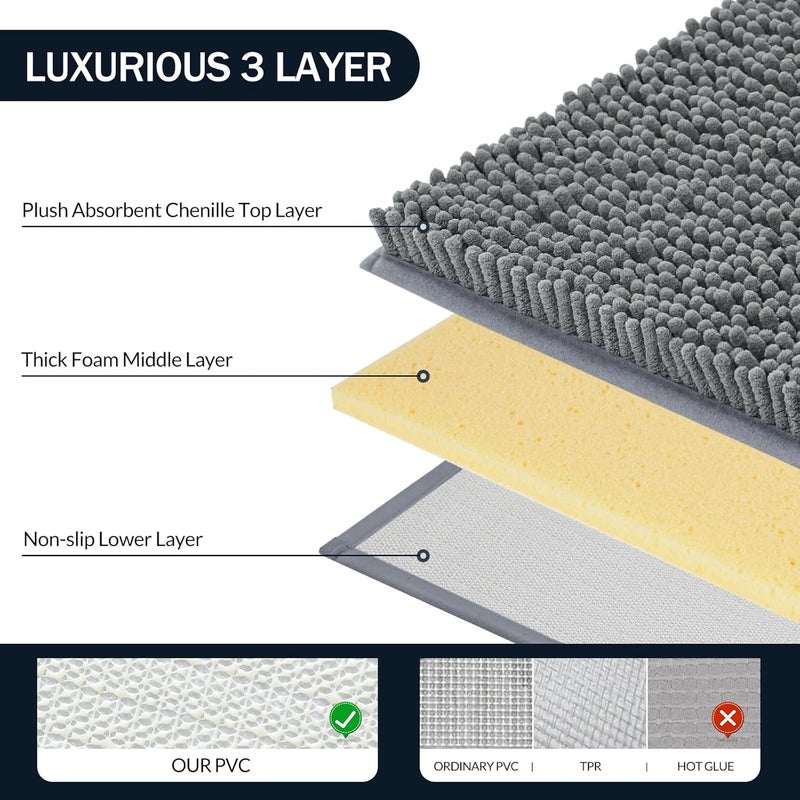 LINLA 3 Pieces Bathroom Rug Set, Absorbent Non Slip Chenille Bath mat, Thick Plush Chenille Carpet Mats Set,Washable Dry Quickly with U-Shaped Toilet Mat for Tub, Shower（Grey） - Image 4