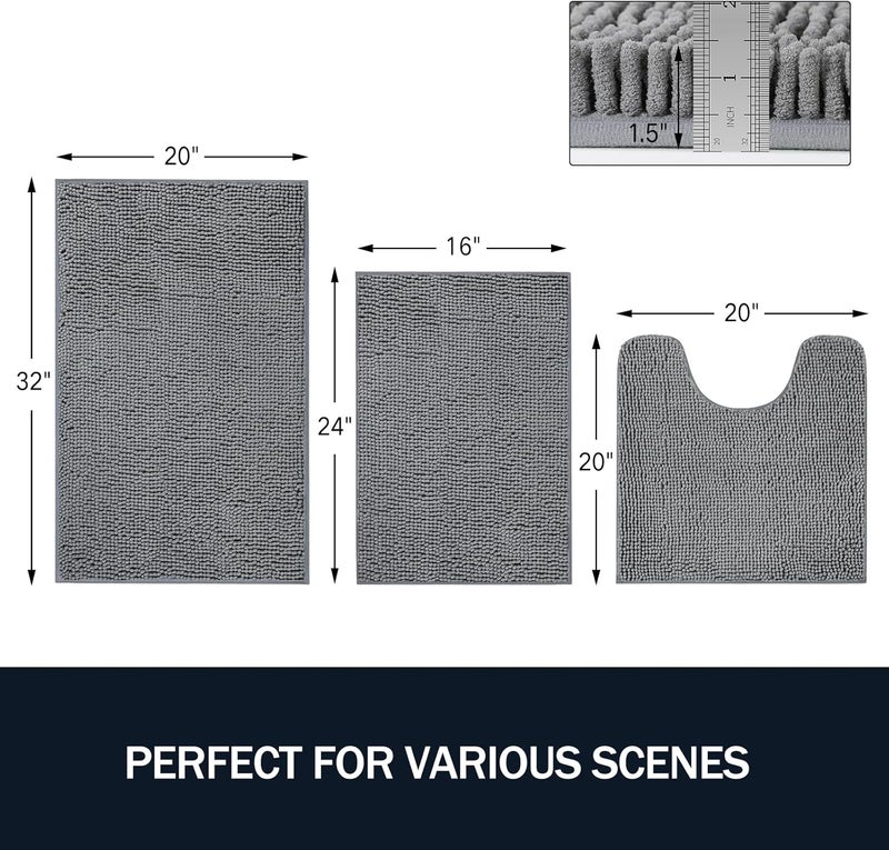 LINLA 3 Pieces Bathroom Rug Set, Absorbent Non Slip Chenille Bath mat, Thick Plush Chenille Carpet Mats Set,Washable Dry Quickly with U-Shaped Toilet Mat for Tub, Shower（Grey） - Image 3