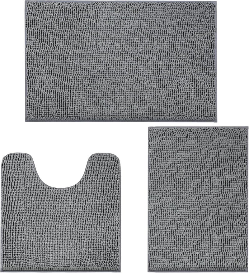 LINLA 3 Pieces Bathroom Rug Set, Absorbent Non Slip Chenille Bath mat, Thick Plush Chenille Carpet Mats Set,Washable Dry Quickly with U-Shaped Toilet Mat for Tub, Shower（Grey） - Image 1