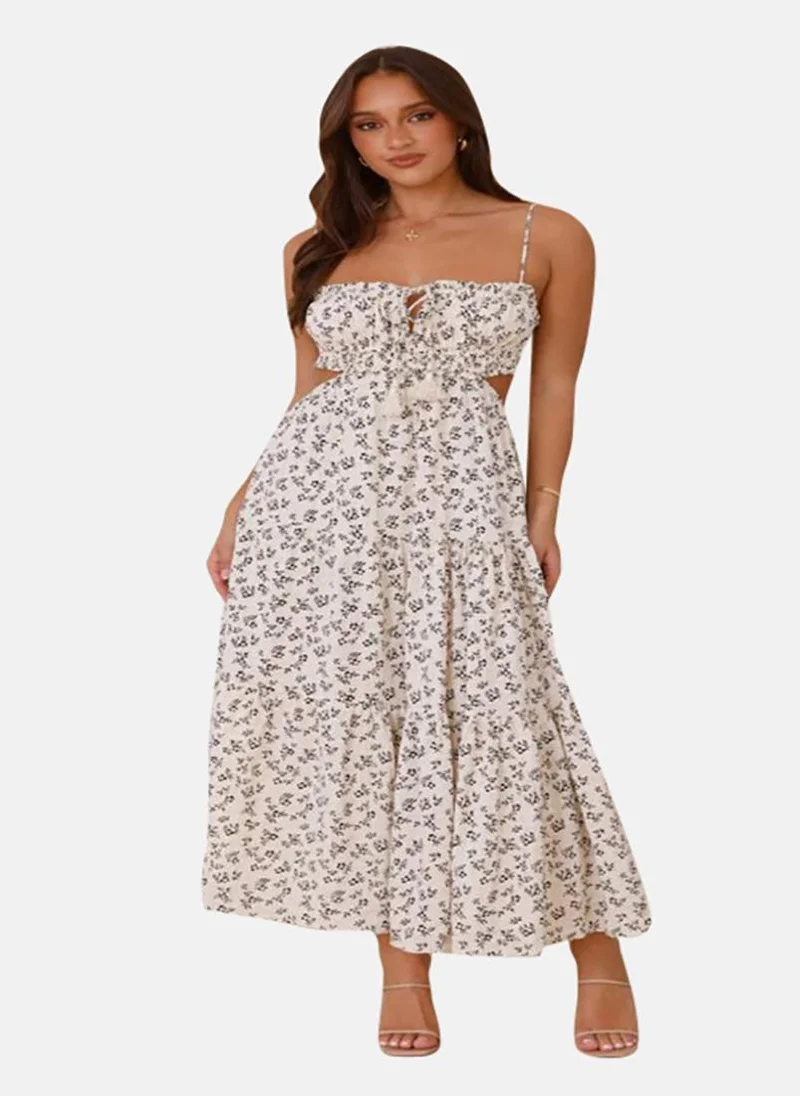 يونيكي Beige Floral Printed Shoulder Straps Fit and Flare Maxi Dress