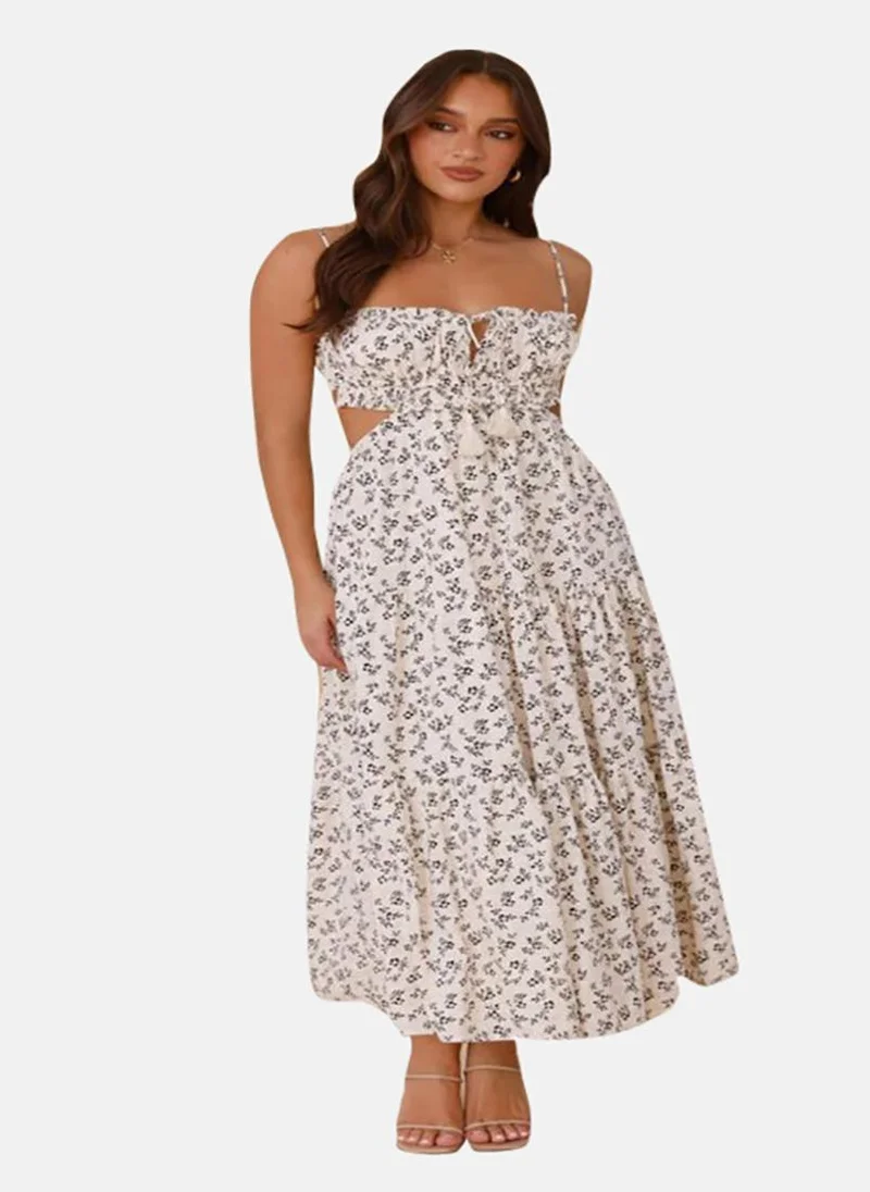 يونيكي Beige Floral Printed Shoulder Straps Fit and Flare Maxi Dress