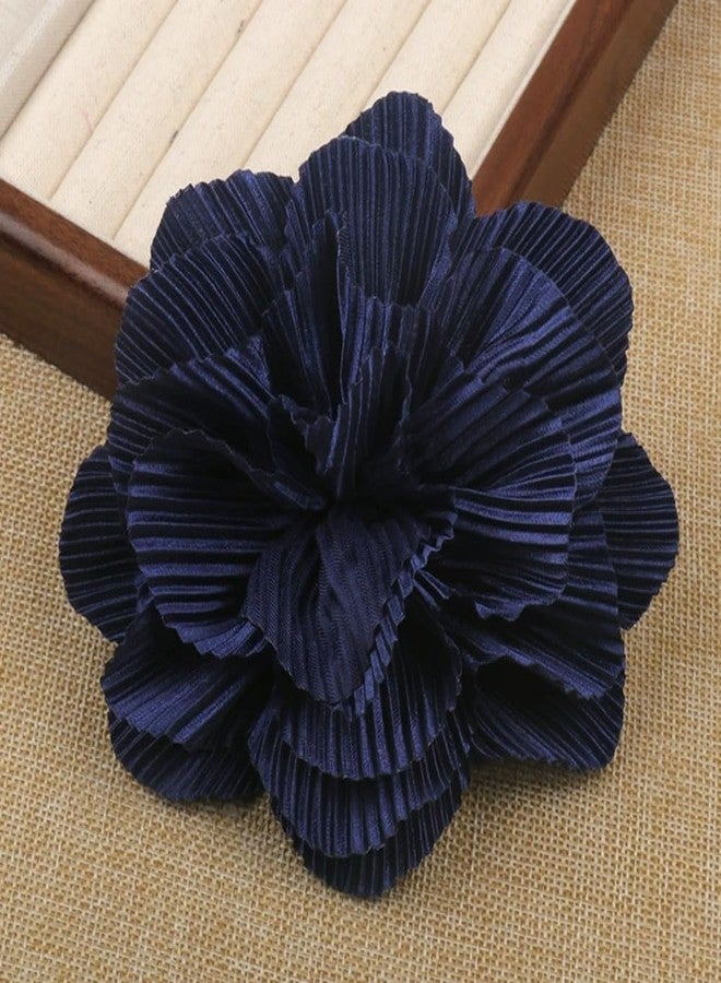 Dtja 12cm Pleated Camellia Flower Brooch Pin for Women Dainty Handmade Rose Flower Floral Brooches Lapel Hair Pins Elegant Wedding Holiday Party Costume Accessories Jewelry (Navy) - Image 4