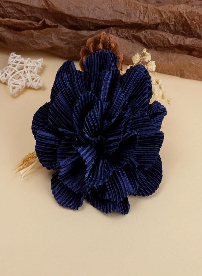 Dtja 12cm Pleated Camellia Flower Brooch Pin for Women Dainty Handmade Rose Flower Floral Brooches Lapel Hair Pins Elegant Wedding Holiday Party Costume Accessories Jewelry (Navy) - Image 5