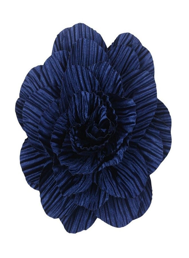 Dtja 12cm Pleated Camellia Flower Brooch Pin for Women Dainty Handmade Rose Flower Floral Brooches Lapel Hair Pins Elegant Wedding Holiday Party Costume Accessories Jewelry (Navy) - Image 1