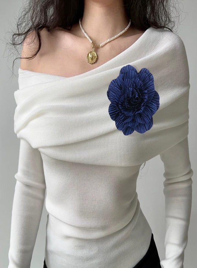 Dtja 12cm Pleated Camellia Flower Brooch Pin for Women Dainty Handmade Rose Flower Floral Brooches Lapel Hair Pins Elegant Wedding Holiday Party Costume Accessories Jewelry (Navy) - Image 2