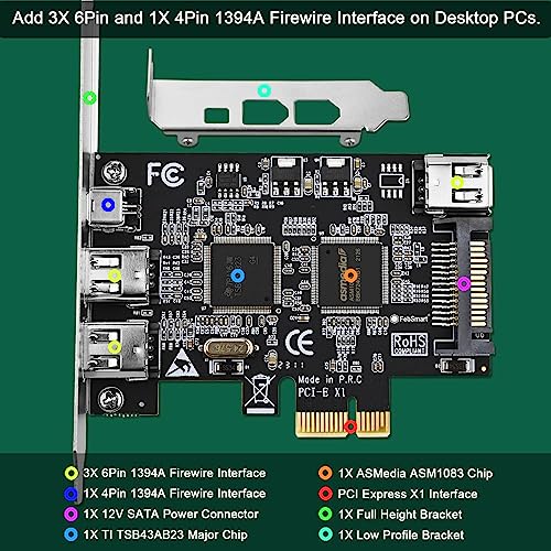 FebSmart 4 Ports PCIE Firewire 400 1394A Expansion Card, Texas Instruments TI TSB43AB23, Plug and Play on Windows and MAC Desktop PCs, 3X 6Pin and 1X 4Pin 1394A Ports, 400Mbps Max Speed (FS-FW400) - Image 2