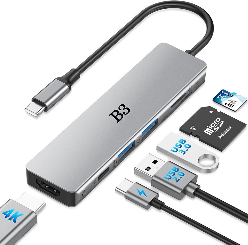 USB C Hub 6-in-1 Multi-Port Adapter with 4K@60Hz HDMI, 100W PD, 2 USB A Data Ports, and SD/TF Card Reader – Aluminum Type-C Hub for MacBook Air/Pro M1/M2, iPhone 17 Pro Max, Surface Go, XPS, iPad