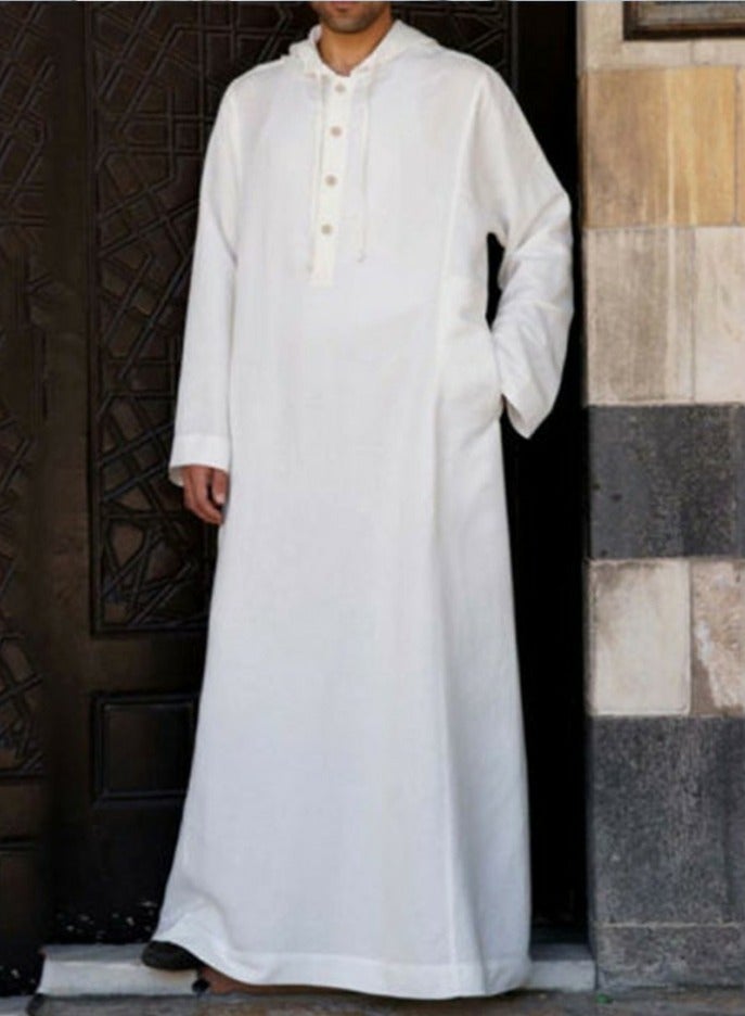 Men's Muslim Robe Thobe Solid Color Hooded Long Sleeve Kaftan With Pockets Casual Shirt White - Image 1