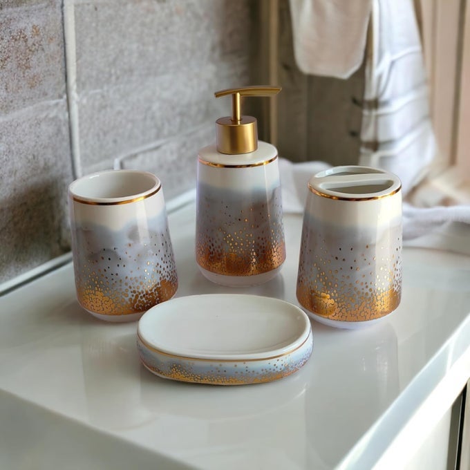 CERAMIC BATHROOM ACCESSORIES SET CERAMIC 4 PIECES MULTICOLOR BATHROOM ACCESSORIES SET SOAP DISPENSER TOOTHBRUSH HOLDER TUMBLER SOAP DISH THE BEST GIFTING CHOICE GREY