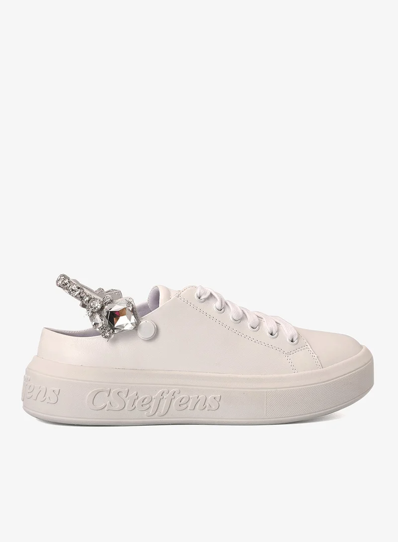 White Leather Sneakers with Crystal Detailing