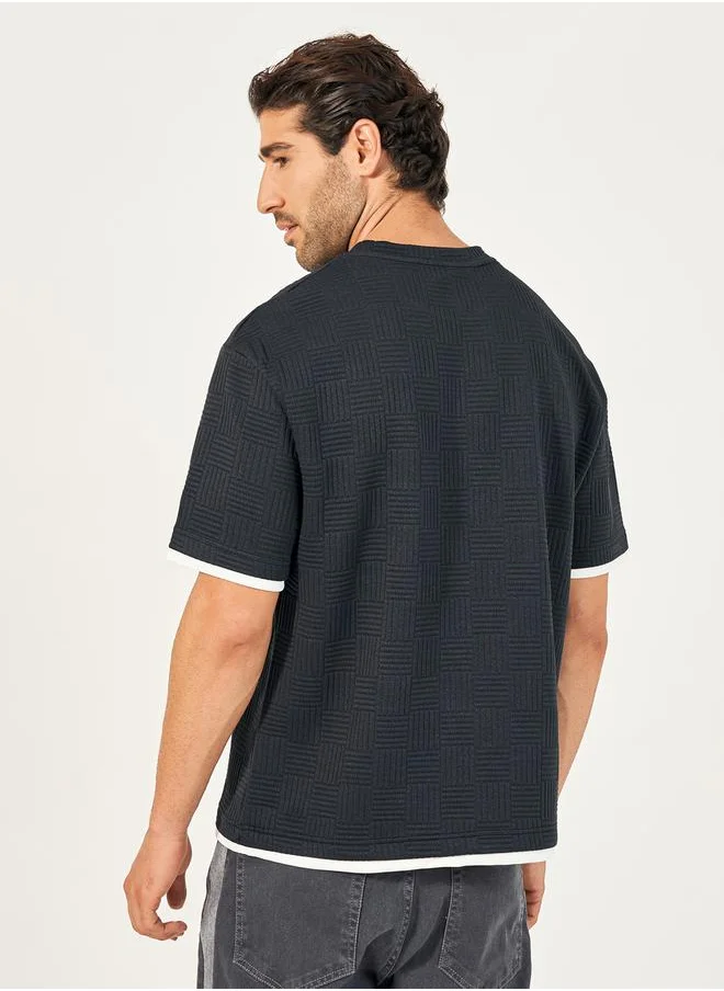 Styli Checkered Quilted Textured Oversized T-Shirt with Contrast Detail