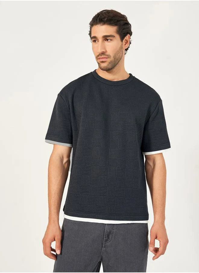 Styli Checkered Quilted Textured Oversized T-Shirt with Contrast Detail
