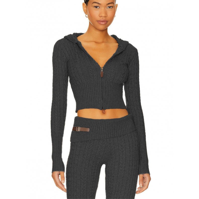 Fashion casual suit 2024 autumn and winter European and American knitted cardigan twist hooded coat pants two-piece set Black - Image 1