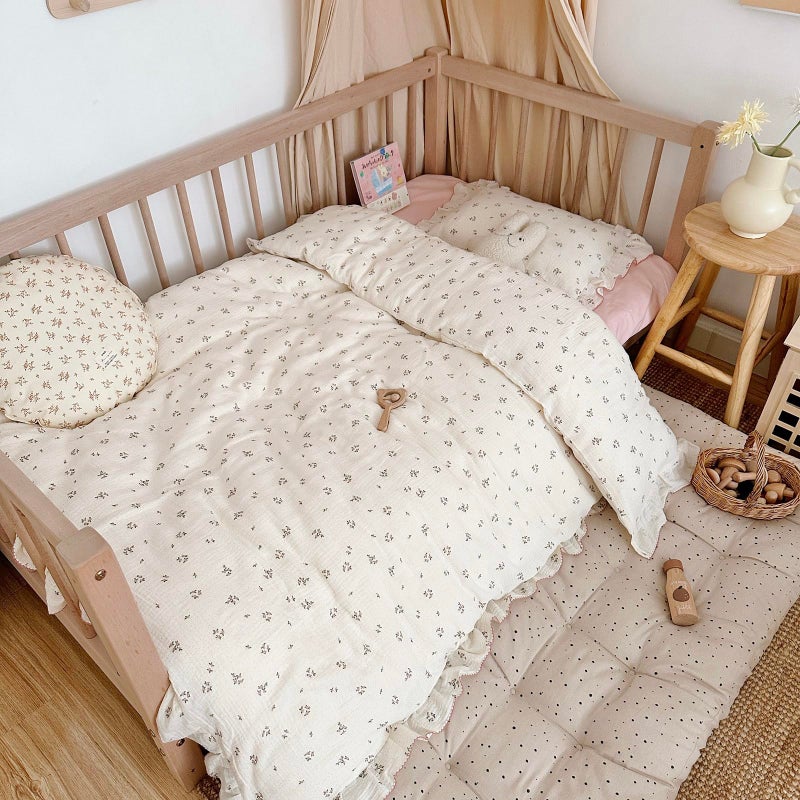AOJIM Crib Bedding Muslin Duvet Cover with small pink floral, Pure Cotton Toddler Comforter Cover, 1 47X59'' Quilt Cover 2-layer Gauze, Ruffled Design Quilt Cover for kids, No Comforter or Pillowcases - Image 1