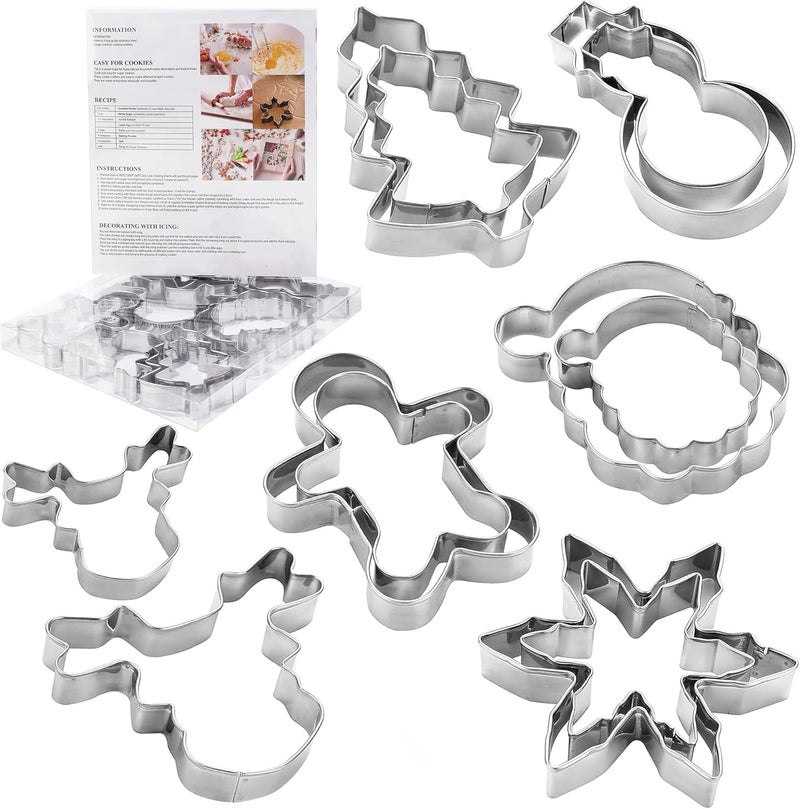 Mr Cookie Large Christmas Cookie Cutters,4" Holiday Sturdy Molds thickened Stainless Steel with Recipe Instruction,Snowman, Christmas tree, elk, snowflake,Santa Face,Gingerbread Men for Baking. - Image 1