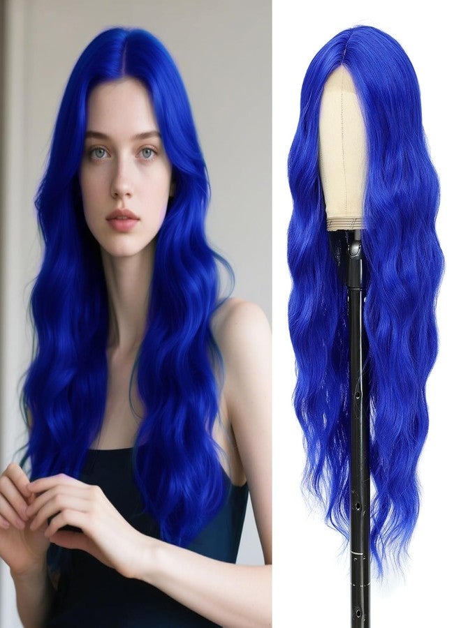 Dsimeig Long Wavy Blue Wigs for Women Middle Part Small Lace Synthetic Halloween Cosplay Hair Wig,25inch - Image 1