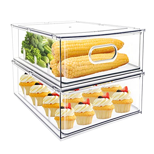 MANO 2Pack Clear Fridge Drawers Pull Out Stackable Refrigerator Drawer Organizer Bins Pantry Storage Box Plastic Food Containers for Kitchen Bathroom Office Closet (X-Large) - Image 1