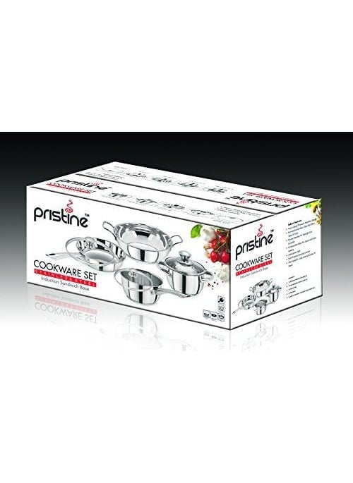 Pristine Pristine Tri Ply Induction Base Cooking Essential Stainless Steel Cookware Set |1 Sauce Pan, 1 Casserole, 1 Fry Pan, 1 Kadhai & 3 Serving Spoons (10 Piece, Silver)  - Image 2